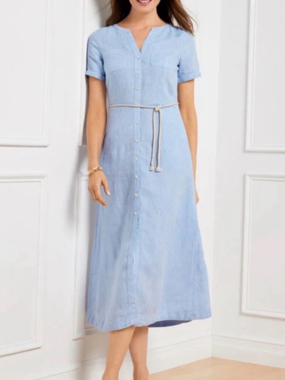 Talbots Light Blue Linen Button-Front Midi Dress with Rope Belt